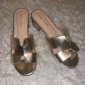 Gold cutout faux leather slide sandals